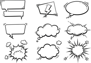 Comic speech bubbles, hand-drawn thought clouds, pop art explosion elements, cartoon text frames, doodle dialogue icons, vector comic template set, expressive blank comic shapes
