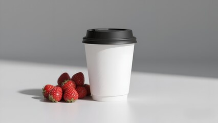 Mockup Minimalist Coffee Cup with Fresh Strawberries on White Background 