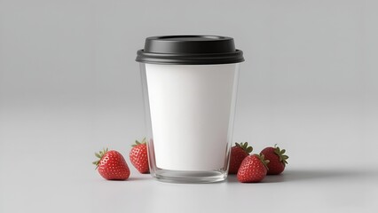 Mockup Minimalist Coffee Cup with Fresh Strawberries on White Background 