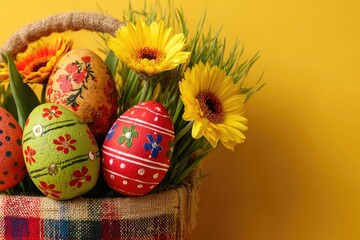 Easter eggs and flowers in a basket against a yellow background