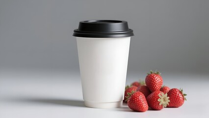 Mockup Minimalist Coffee Cup with Fresh Strawberries on White Background 