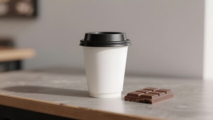 Mockup Coffee Cup with Chocolate Pieces on Marble Table in Caf&eacute; Background 