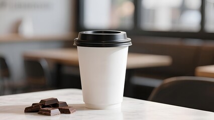 Mockup Coffee Cup with Chocolate Pieces on Marble Table in Caf&eacute; Background 