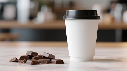 Mockup Coffee Cup with Chocolate Pieces on Marble Table in Caf&eacute; Background 
