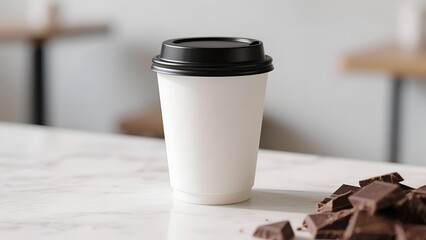 Mockup Coffee Cup with Chocolate Pieces on Marble Table in Caf&eacute; Background 