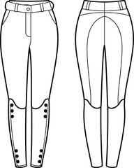 Equestrian pants flat sketch, riding breeches technical drawing, vector fashion cad, women's equestrian trousers design, sportwear apparel illustration