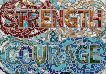 Obraz premium Strength and courage text in colorful mosaic pattern
