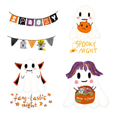Fototapeta premium Set cute kawaii chibi halloween ghost devil evil bunting flag garland emoticon character png transparent sticker watercolour crayon kids illustration Element. Funny quotes wall art