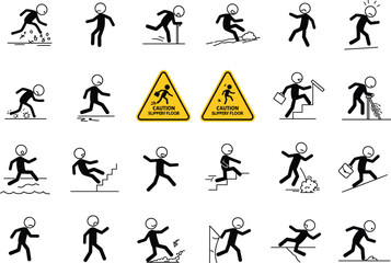 Stickman accident icons, workplace hazard symbols, falling injury clipart, safety warning signs, vector slip trip illustrations, caution graphic elements, danger alert concept, risk awareness design