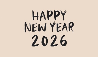Minimalist "Happy New Year 2026" handwritten with brush strokes on a neutral beige background, embodying simplicity and elegance for modern celebrations
