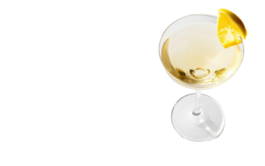 Elegant champagne glass with golden liquid and lemon slice isolated on transparent background