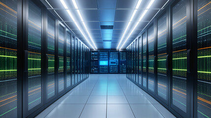 Digital information travels through fiber optic cables through the network and data servers behind glass panels in the server room of the data center. High speed digital lines 3d illustration