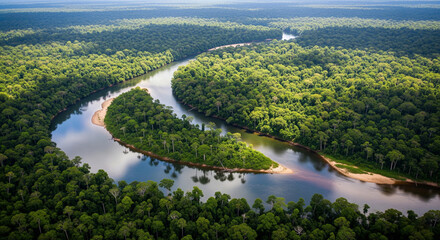 Aerial View of a Meandering River Flowing Through a Lush, Green Forest Ecosystem