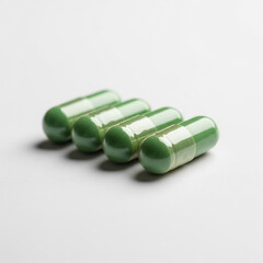 Close-up of Green Capsules on a White Surface, Healthcare and Wellness Theme