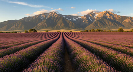 Endless rows of fragrant lavender flowers in a rural field with a stunning mountain vista at sunrise