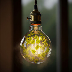 Glowing light bulb with green leaves inside, symbolizing sustainable energy and eco-friendly innovation for a greener world