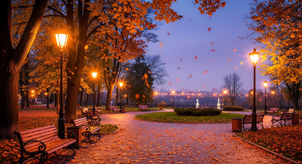 Scenic autumn park at night with glowing street lights, benches, and colorful foliage creating a peaceful atmosphere