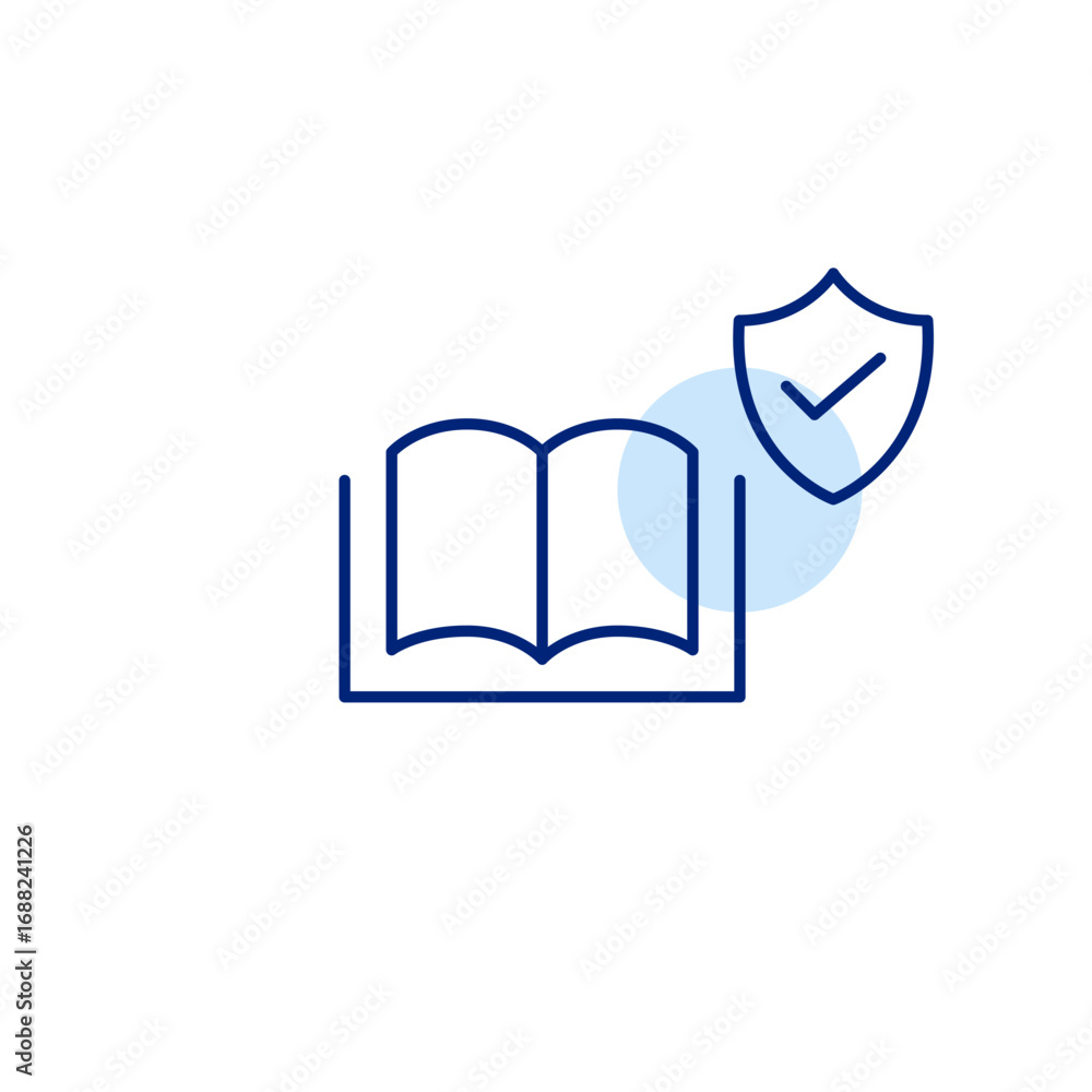 Poster library, archive verification. safe reading and verified content. book, shield and checkmark. pixel 