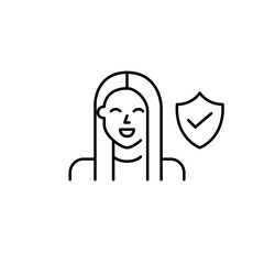 Woman, shield and checkmark. Authenticated login, compliant digital use, user privacy protection. Pixel perfect, editable stroke vector icon