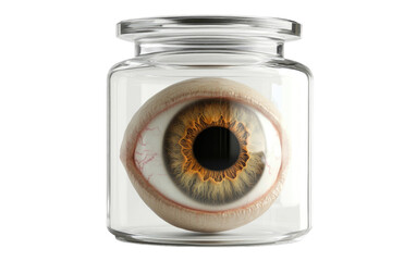 Glass jar containing a realistic human eyeball isolated on transparent background