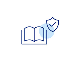 Library, archive verification. Safe reading and verified content. Book, shield and checkmark. Pixel perfect, editable stroke vector icon