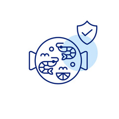 Paella with shrimp, shield and checkmark. Verified product safety, certified contents, trusted restaurant service, approved ingredients. Pixel perfect, editable stroke vector icon