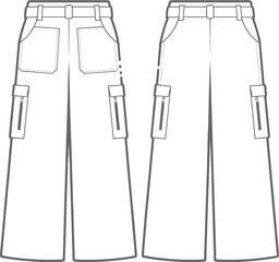 Flat fashion CAD drawing of wide-leg cargo pants with front and back patch pockets, zipper pockets, waistband, belt loops, and seams.