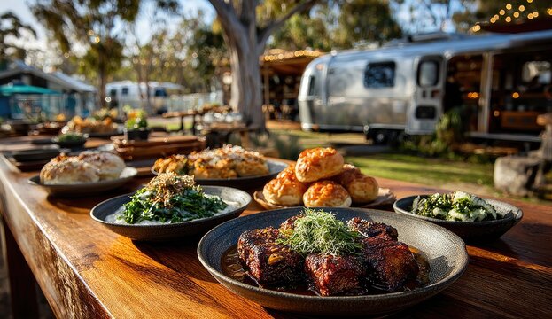 Outdoor dining feast on a wooden table