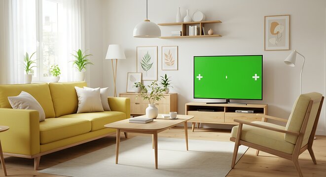 Bright and modern Scandinavian style living room interior with a comfortable yellow sofa and a television featuring a green chroma key screen