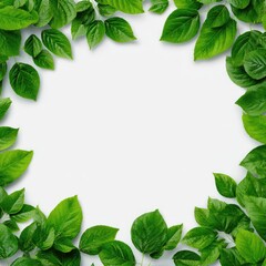 Fresh green leaves frame a white background