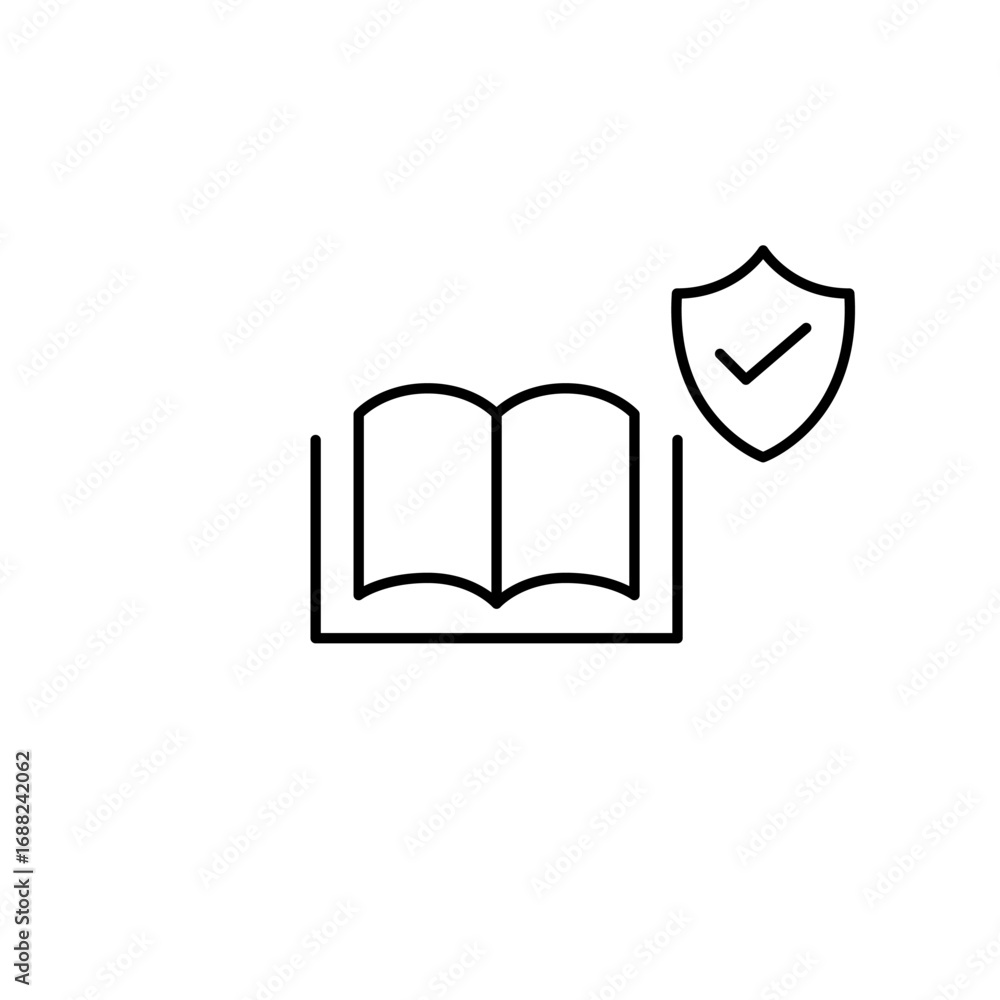 Poster library, archive verification. safe reading and verified content. book, shield and checkmark. pixel 
