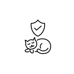 Verified pet safety, certified products and services. Sleeping cat, shield and checkmark. Pixel perfect, editable stroke vector icon