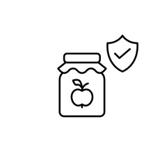 Apple jam jar, shield and checkmark. Food safety, certified quality, organic vendors. Pixel perfect, editable stroke vector icon