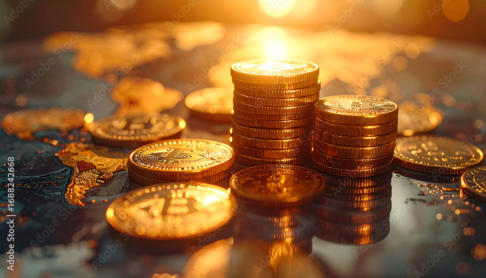 Poster golden currency on map: a stack of lustrous coins gleam in the warm sunlight, casting shadows upon a