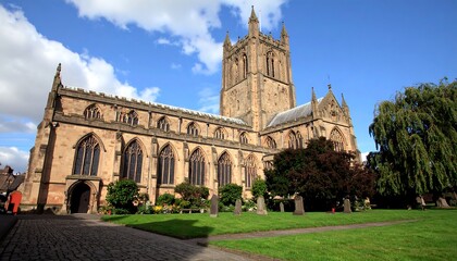 Historic church facade with graveyard