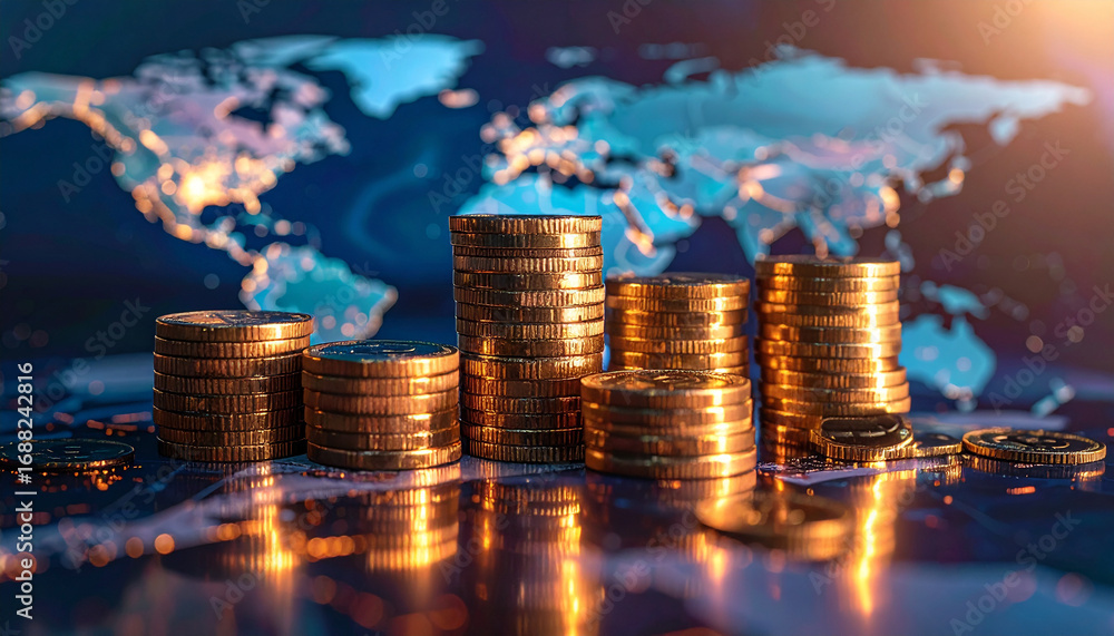 Poster golden treasure: a stack of golden coins sits in front of a world map. a visual representation of th