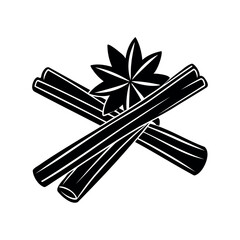Monochrome illustration of crossed cinnamon sticks with star anise on top