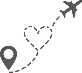 Airplane flight path heart location marker travel destination romantic journey trip vector