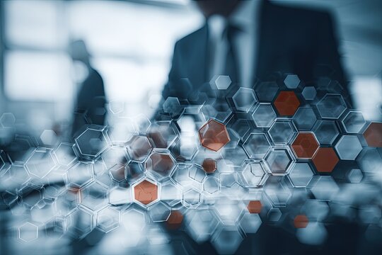 Business people working with a digital interface of overlapping hexagons