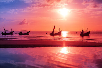 Beautiful sea sunset landscape, fisherman boat, ocean sunrise, ship silhouette, tropical island beach, colorful red purple sky cloud, sun reflection on water, summer holidays, travel, Thailand, Samui