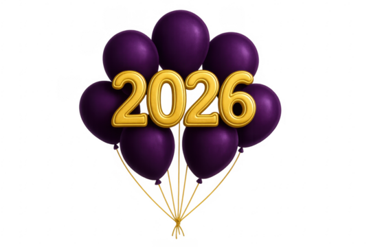 2026 golden text on purple balloons with transparent background