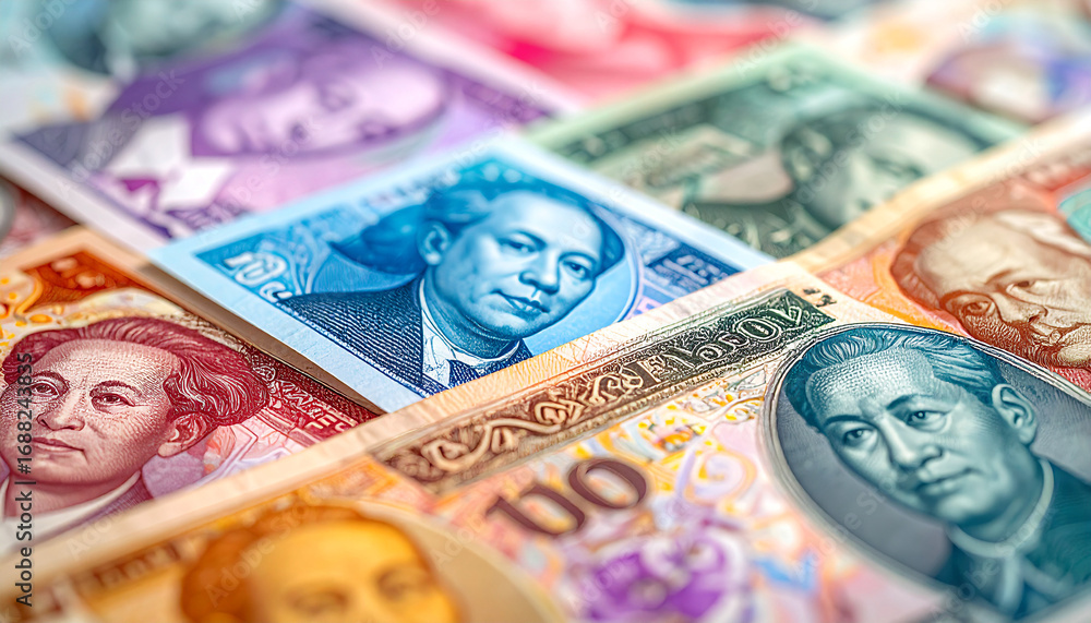 Poster currency of value: an array of colorful currency bills showcase diverse designs and values, represen
