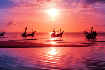 Beautiful sea sunset landscape, fisherman boat, ocean sunrise, ship silhouette, tropical island beach, colorful red purple sky cloud, sun reflection on water, summer holidays, travel, Thailand, Samui