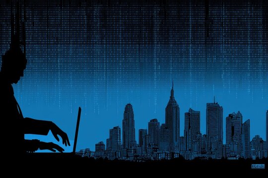 Silhouette of person working on laptop in front of NYC skyline with digital code