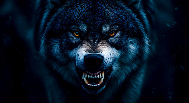A menacing alpha wolf with glowing amber eyes stares aggressively, baring its sharp teeth in the dark wilderness