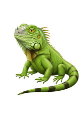Obraz premium Vibrant Green Iguana with Detailed Scales and Yellow Eyes on Soft Green Background png clear alpha channel cutout isolated on transparent background