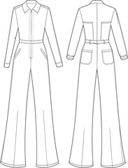 Flat vector CAD drawing of long sleeve utility jumpsuit with wide leg, collar detail, patch pockets, and front zip closure design © Hey There