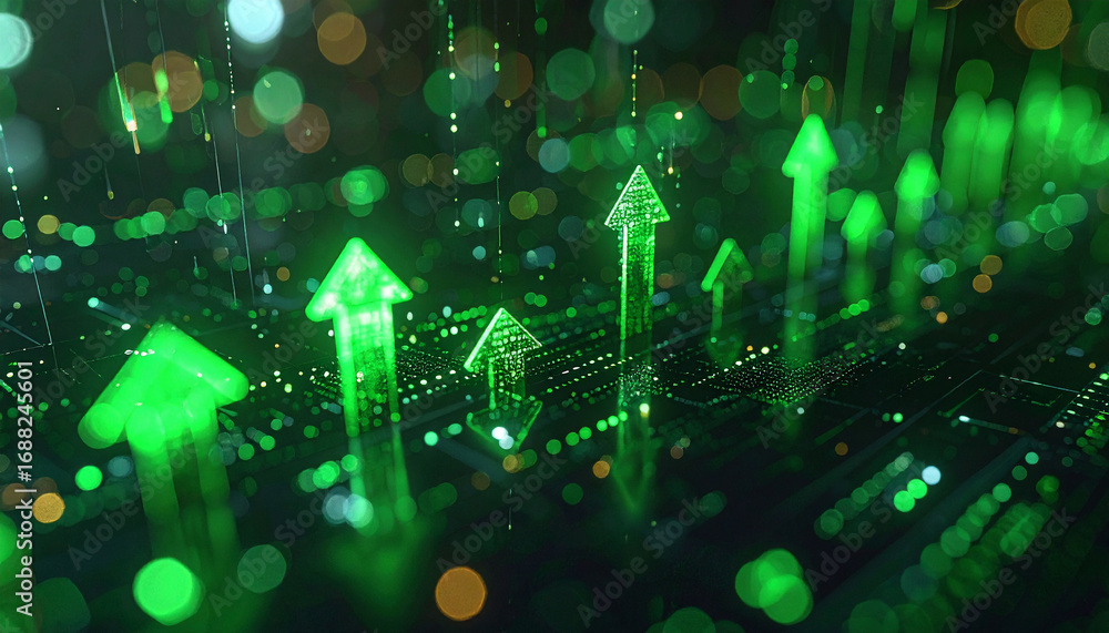 Poster digital ascent: illuminated arrows surge upwards across a circuit board background, symbolizing tech