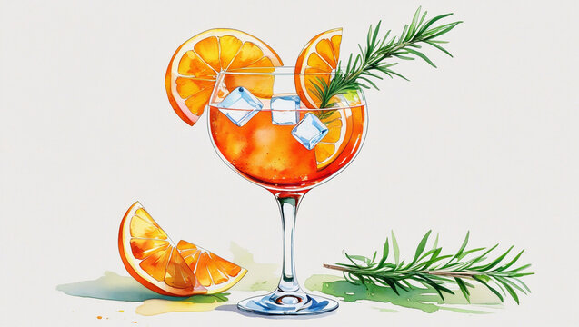 Watercolor spritz cocktail with orange slices and rosemary garnish refreshing summer drink illustration