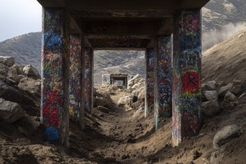 Graffiti-covered support pillars beneath an overpass.